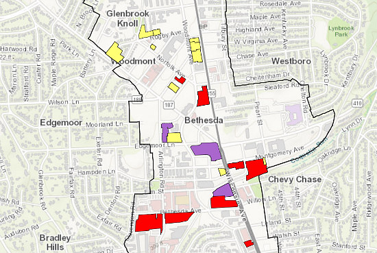 I was looking at Redfin and just realized that downtown is divided into 5  neighborhoods: Bethesda West, Bethesda Row, Wisconsin South, Woodmont  Triangle, and Wisconsin North. This shows up on map apps